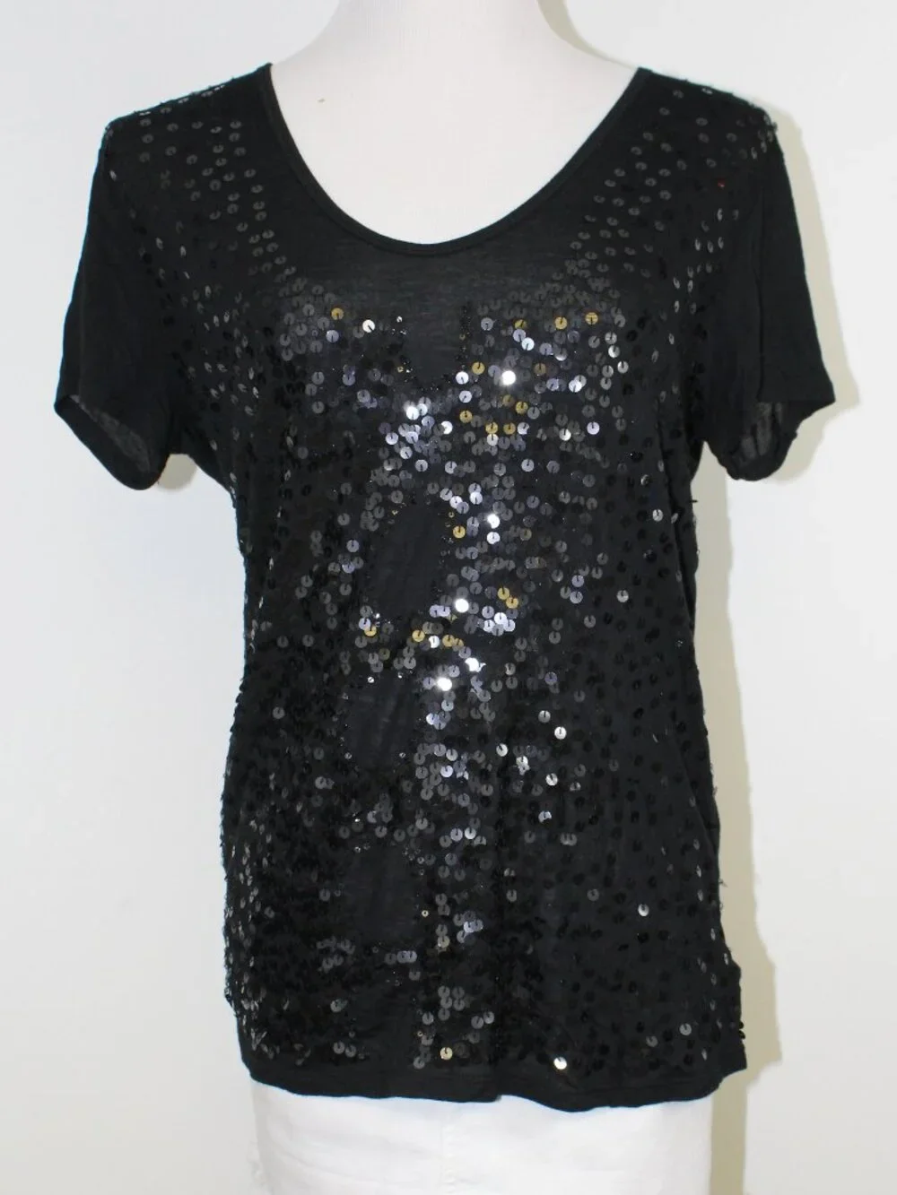Tory Burch Sequin Tee Black Modal V‎ Neck Party Top Small Euro Night Out